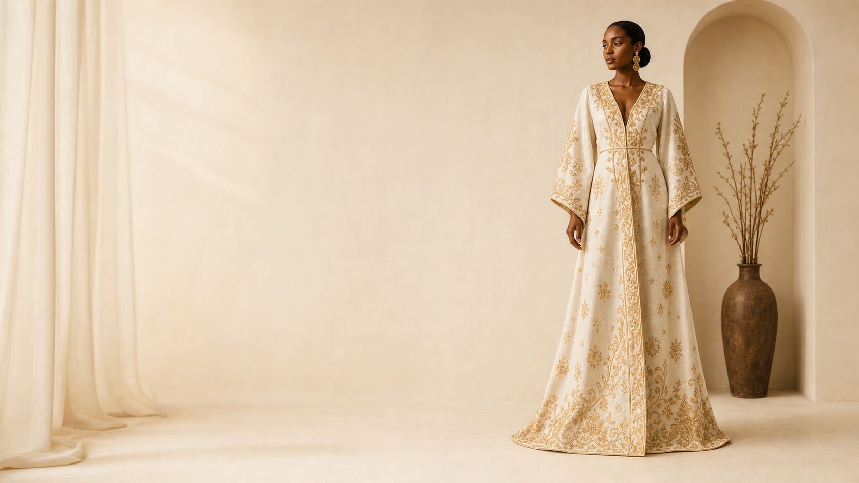 Oriella Luxe bespoke gold kaftan campaign