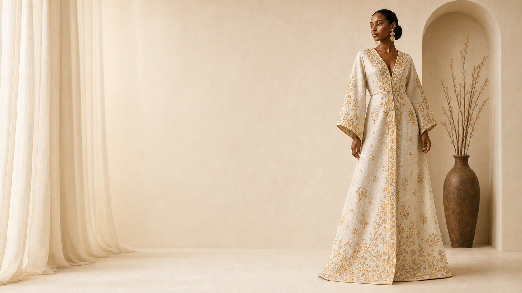 Oriella Luxe ivory and gold kaftan editorial campaign